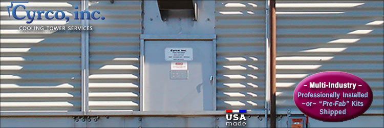 Custom Metal Fabricated Door Constructed of USA Made Galvanized Steel on a FAP Cooling Tower with FRP Exterior Wall Casing Paneling.