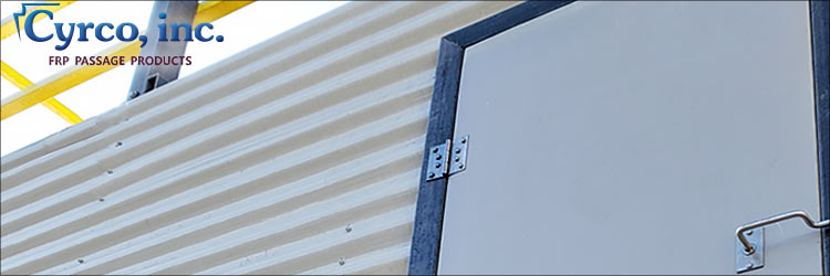 FRP Fiberglass Composite Door with Stainless Steel Hinges and Handle on a FAP Cooling Tower with Exterior FRP Wall Casing Panels, and FRP Tube Yellow Safety Railing.