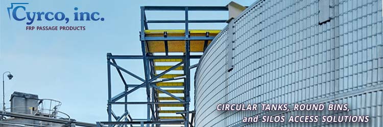 Custom Designed and Fabricated FRP Ladder System, Walkway Platforms, and Multi-Level Stair Towers on Circular Steel Tanks. Our Custom Stairtowers can be Fabricated and Mounted to Silos, Bins, Tanks, and Other Circular Shaped Objects.