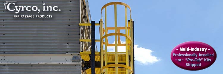 FRP Ladder System, Yellow High Visible Caged Ladder with Self Closing Swing Gate to a FRP Catwalk Platform on Top of a Metal Cooling Tower. Professionally Installed or Pre-Fab Package Kits Shipped