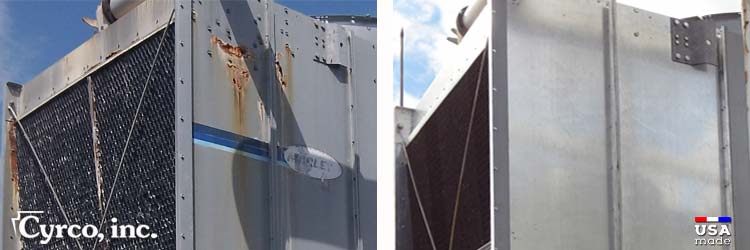 Before and After Photos of a Custom Metal Fabricated Wall Side Panel for an Older Metal Cooling Towers. Metal Accessories Re-Fabricated as Well. Before Marley rusted hole riddled cooling tower, after stainless steel replacement aftermarket cased side wall panels