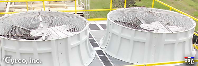 Stainless Steel Fan Screens Custom Metal Fabricated to Fit Fan Stacks on a New Cyrco, inc. Metal FAP Cooling Tower. Custom metal fabricated fan screens on a new Cyrco, inc. metal cooling tower