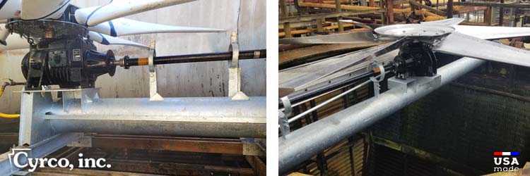 Custom Metal Fabricated Fan Torque Tube with New Amarillo Gearboxes and Rexnord Drive Shafts in Two Reconstructed Field Erected Cooling Towers. Cyrco fabricates manufactures cooling tower fan torque tubes