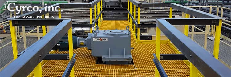 Custom Fabricated FRP Composite Grid Yellow High Visible Walkway with Hand Railing and Toe Guards Around a Mechanical Motor at a Manufacturing Factory. Professionally Installed or Pre-Fab Kits Shipped