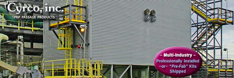 Custom Designed and Fabricated FRP Ladder System, Walkway Platforms, and Multi-Level Stair Tower on a New FRP Wall Panel and FRP Square Tube Framed FEP Cooling Tower. Professionally Installed or Pre-Fab Stairtowers and Ladder Kits Shipped.
