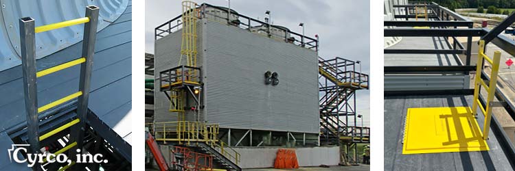 Custom fabricated FRP Caged Stair Escape Fire System to Roof Access, FRP Landing and Stairway Below to Ground. Far Side Multi-Level FRP High Vis Yellow Stair Towers. Newly Built by Cyrco, inc. Field Erected Cooling Tower. FRP Wall Paneled and FRP Square Tube Structural Framing
