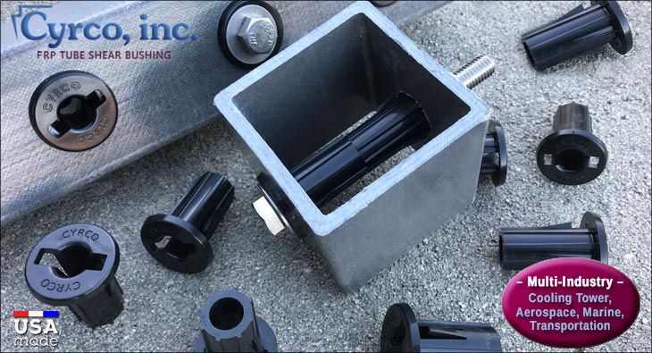 Cyrco's FRP Shear Bushings Bolted to 3.5 Inch and 3 Inch FRP Square Tube. Cyrco FRP Square Tube Shear Bushing in Fiberglass Tubing