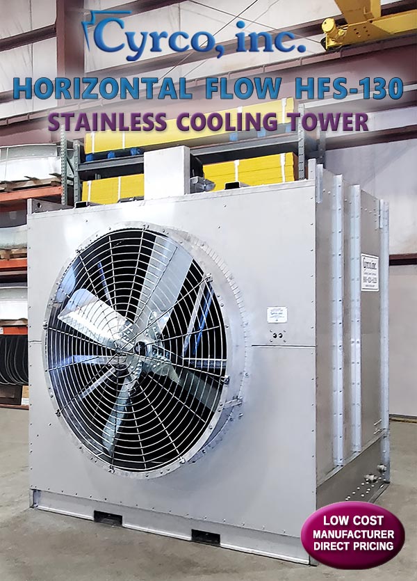 Cyrco's Horizontal Flow HFS-130 Stainless Steel Cooling Tower Expertly Built from USA Made Stainless Steel. 130 Ton Capacity at 390 Gallons Per Minute GPM. Cyrco, inc.s Small Mini Horizontal Flow HFS-130 Stainless Steel Cooling Tower