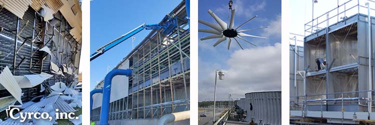 Field Erected and Metal Cooling Tower Repairs and Reconstruction: FRP Air Inlet Louvers, FEP Rebuild, Replacement Fan Installation, Metal Tower Rebuild. Cyrco, Inc. repairs and reconstruction of cooling towers, including storm damage