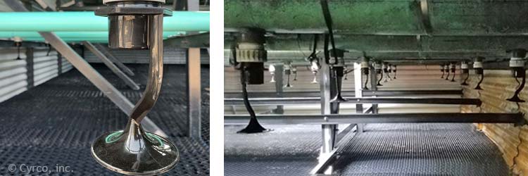 Cyrco NonClogging Spray Nozzles Mount to 4, 6, and 8 Inch PVC Water Distribution Pipe. Cyrco's Non-Clogging Spray Nozzle Installed in a Counter Flow Cooling Tower