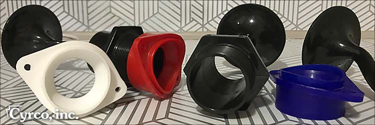 Cyrco's Non-Clogging Spray Nozzles, 2 Inch Hole Straight Through; Tapered Metering Orifies Available to Control Flow Rate. Adapters Mounts to 4, 6, and 8' PVC Water Distribution Piping. Cyrco's Non-Clogging Spray Nozzles for Cooling Towers and Other Dirty Water Applications