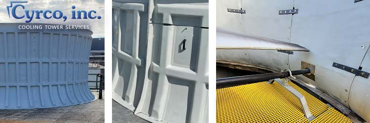 FRP Fan Stacks Showing Bolted Sectional Pieces, Door Ways, FRP Fiberglass Molded Framing, and Custom FRP Walkway Below a Stainless Steel Equipment Mount. Proper Fan Blade Clearance is Important.