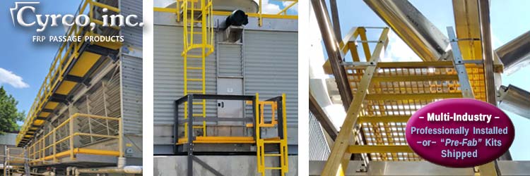 Custom FRP Walkways on Multiple Field Erected Cooling Towers Gaining Fan and Plenum Chamber Access for Repairs and Maintenance on Gearboxes, Fans, and Other Mechanical Equipment