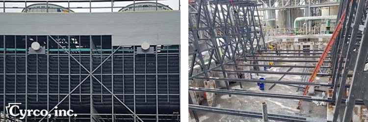 FRP Square Tube Structural Framing in Field Erected FEP Cooling Tower Construction. FRP fiberglass composites square tubed structural framing for cooling tower construction