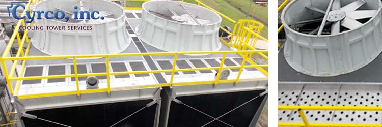 Custom Manufactured Factory Assembled Cooling Tower USA Stainless Steel Wall Panels, FRP Fan Stacks, Railing, and FRP Caged Ladder. Moore Axle Flow Alumimun Fans.