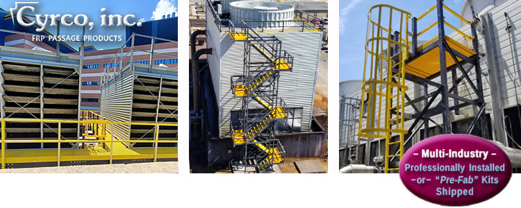 Custom Fabricated FRP Composites Access and Passage Products - MultiLevel Stiar Towers, FRP Walkway with Self Closing Gate, and FRP Catwalk Ladder System with Self Closing Gate.