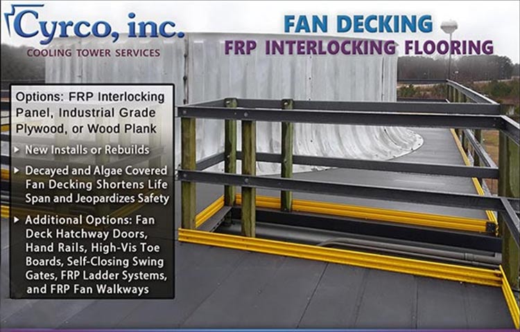 Replaced FRP Fan Decking Innerlocking Panels with High Vis Yellow FRP Toe Board on a Rebuild Field Erected FEP Cooling Tower with Aftermarket FRP Fan Stack.