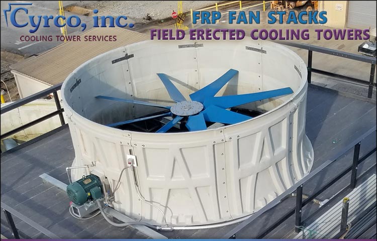 FRP Fan Stack on a New Field Erected Cooling Tower with FRP Framing, FRP Gray Interlocking Panel Fan Decking, Custom Stainless Gearbox and Fan Mount, and New Moore Axial Flow Aluminum Fan
