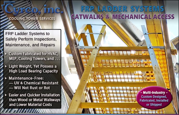 FRP Yellow High-Vis Ladder System with Catwalk FRP Grid Landing Allowing Mechanical Access to a FAP Cooling Tower Aluminum Fan.