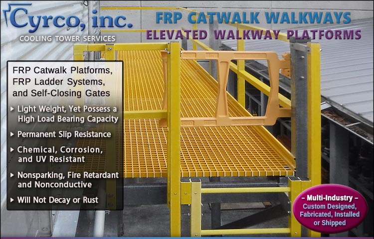 FRP High-Vis Yellow Grid Catwalk Platform, Yellow FRP Ladder Access, Self Closing Passive Fall Protection Yellow Polymer 400lb Impact Swing Gate. Commercial FRP Walls Industrial Warehousing