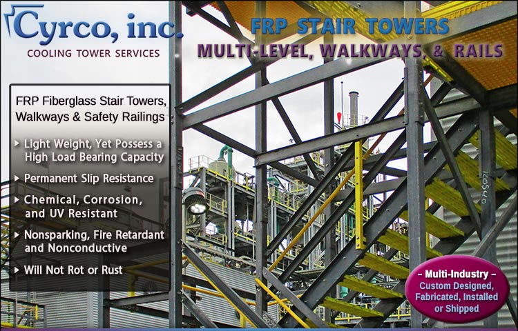 Multiple Multi-Level FRP Fiberglass Stairtowers with High-Vis Yellow Handrails and FRP Grid Steps at an Industrial Manufacturing Plant.