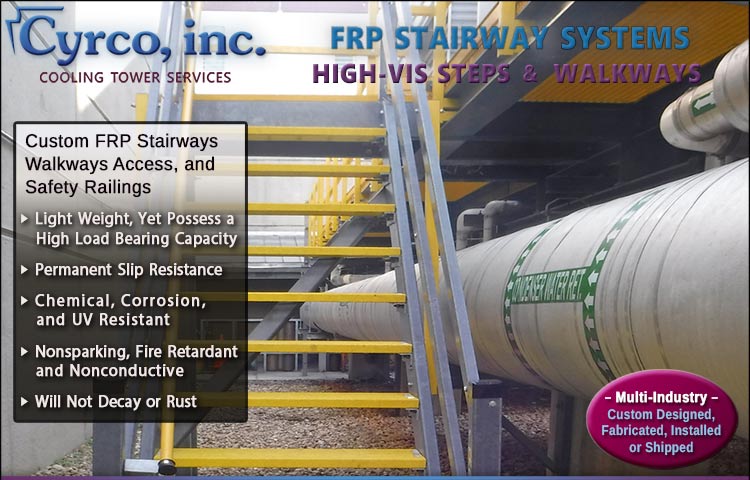 Multiple Multi-Level FRP Fiberglass Stairtowers with High-Vis Yellow Handrails and FRP Grid Steps at an Industrial Manufacturing Plant.