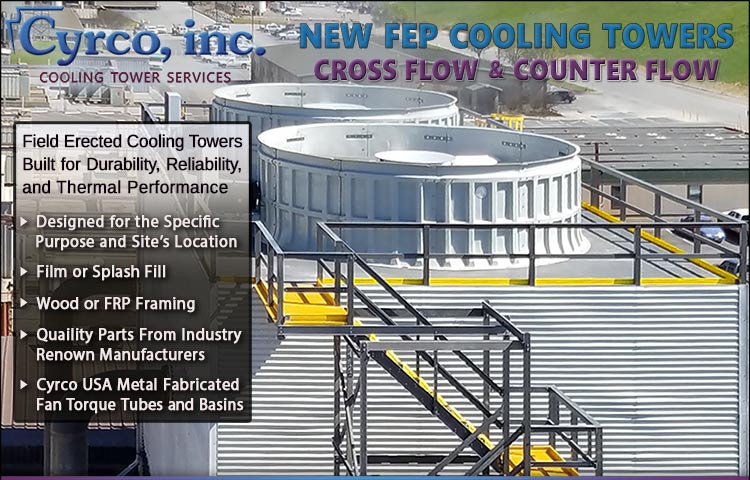 New Custom Constructed Field Erected FEP Cooling Tower with FRP Fiberglass Fans, Fan Stacks, Fan Decking, Wall Paneling, and Multi-Level Stair Tower.
