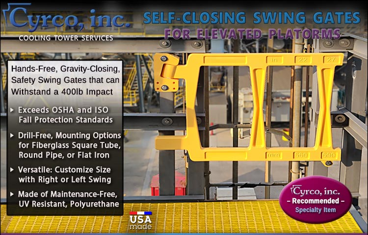 Yellow High Vis Plastic Self Closing Swing Gate Made in USA Adjustable Length at an Elevated Ladder Opening in Manufacturing Facility.