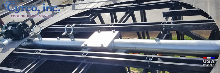 Cyrco, inc. Custom Constructed Field Erected Cooling Tower with FRP Square Tube Framing and Fan Decking Panel. Custom Metal Fabricated Fan Torque Tube for Mounting Fan and Gearbox Motor, Built from USA Made Hardened Steel, then Hot Dipped Galvanized (HDG) Industrial Coated.